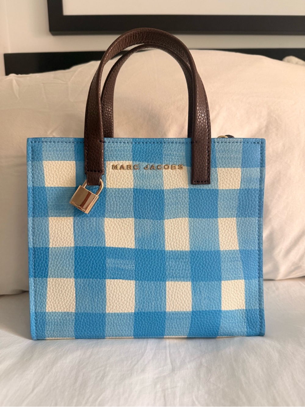 Marc Jacobs Blue and Cream Gingham Mini Tote with Brown Handles - Picture 3 of 6